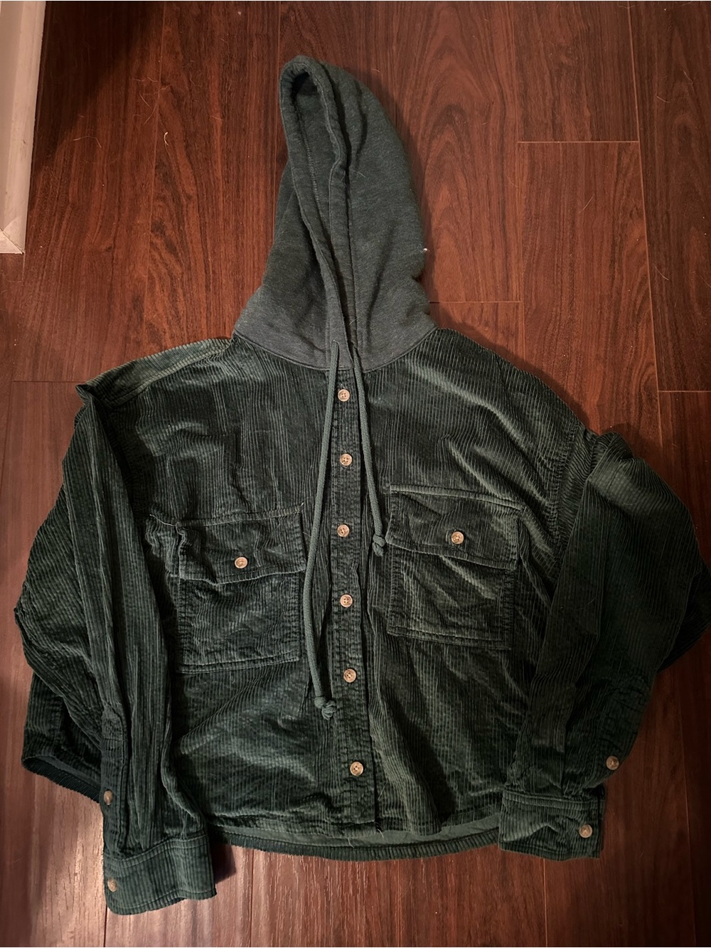 American Eagle Dark Green Corduroy Hooded Shirt Jacket